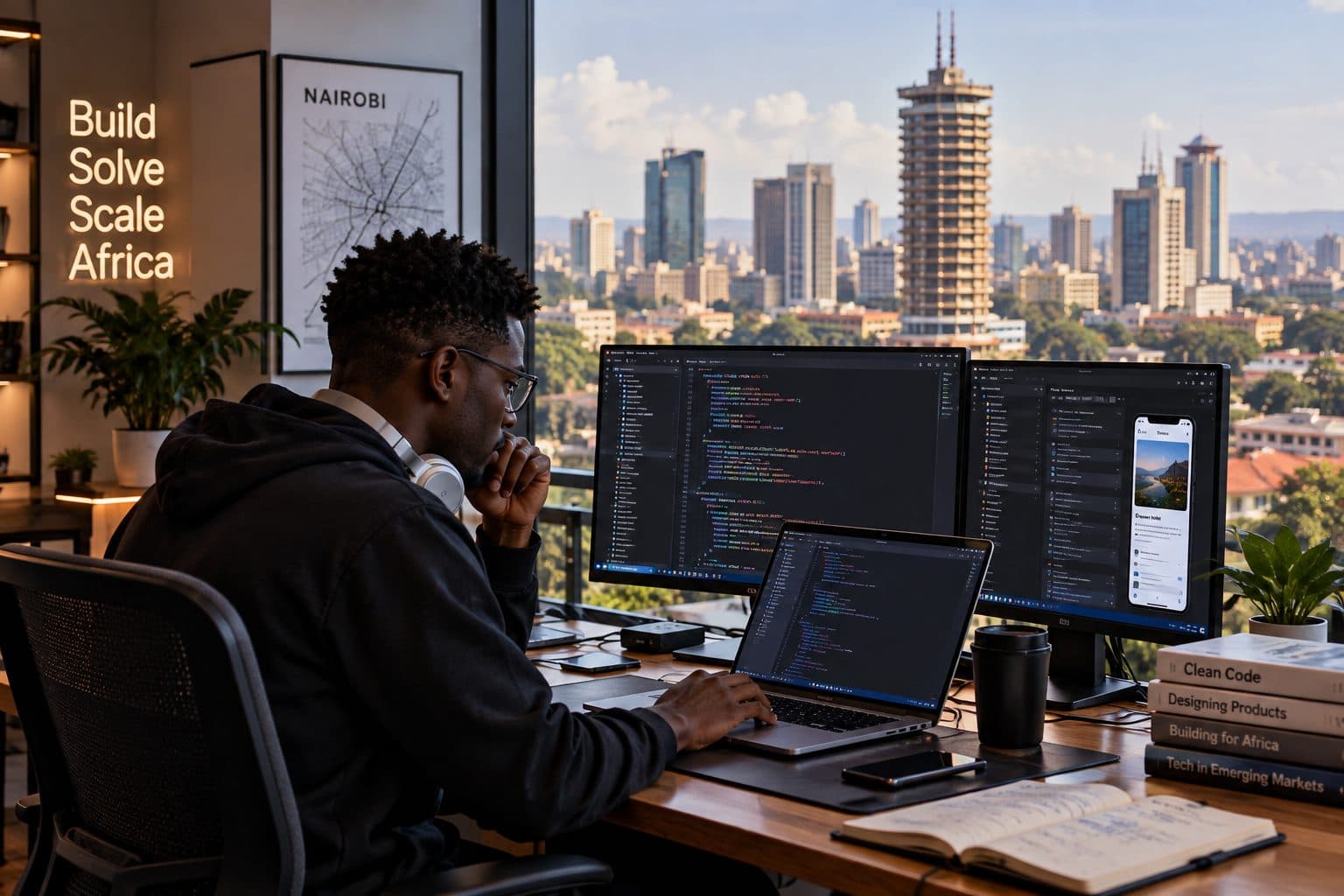 A developer writing code at a desk overlooking the Nairobi skyline