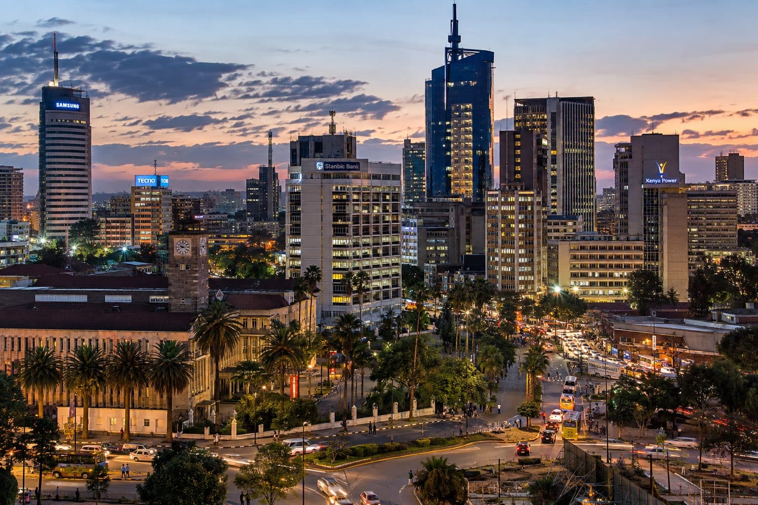 Nairobi's central business district at dusk
